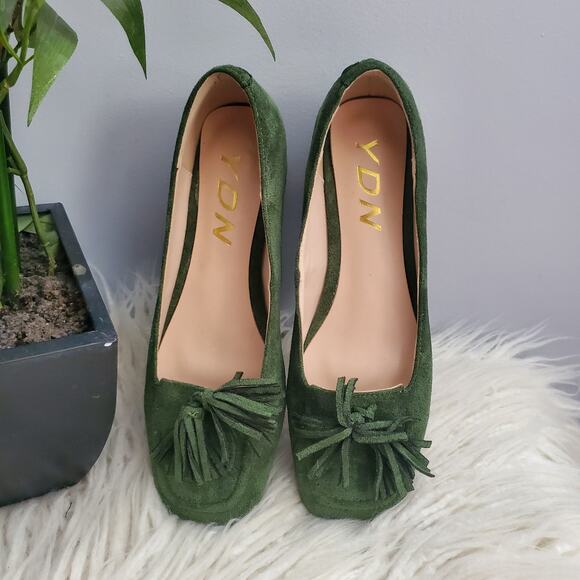 YDN Green Square Toe Chunky Block Low Heel Slip On Suede Loafers Size 6 - Picture 5 of 11